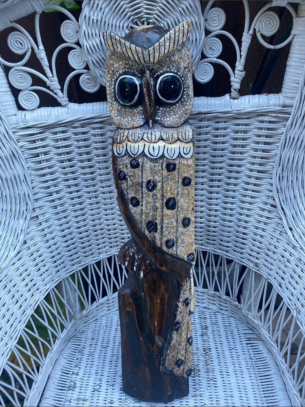 Hand-Carved Brown and Cream Owl wood Sculpture